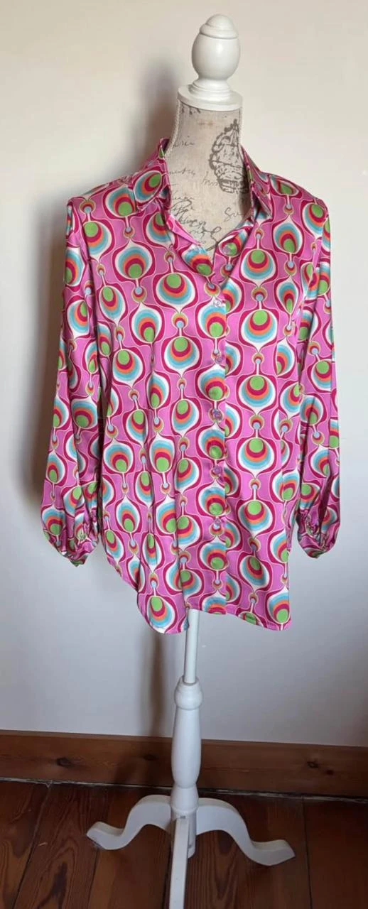👚 Long satin pink & mint green 70ties blouse with buttons Made in Italy - 44 – photo 7